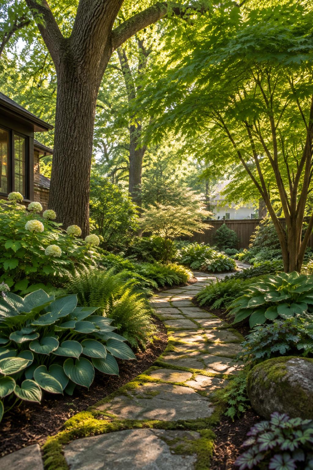 A dappled garden path through a leafy Nashville backyard