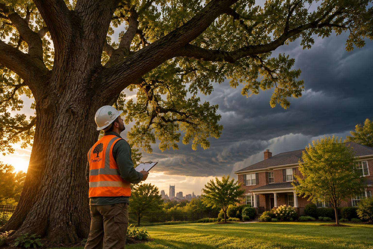 A TreeTop technician inspecting a large oak as storm clouds gather over a Nashville yard